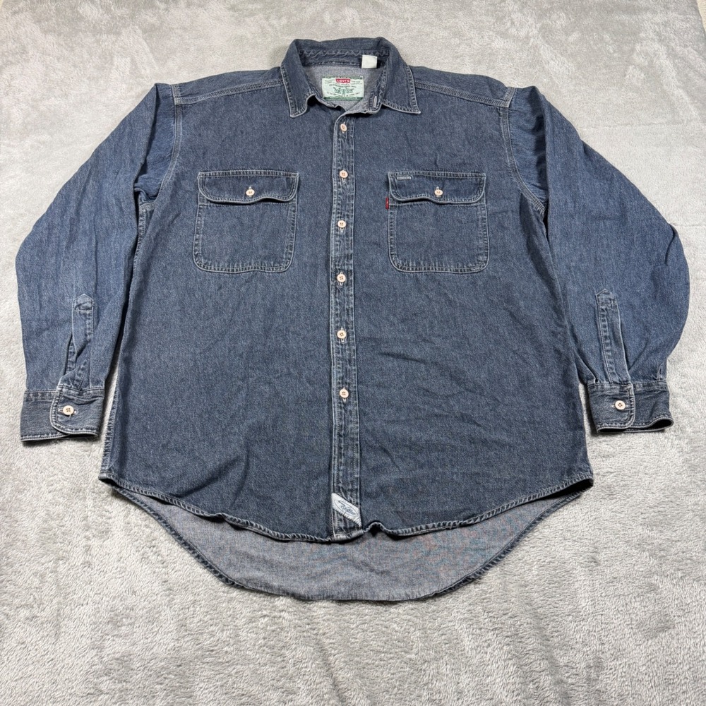 Vintage Levis Denim Button Down Shirt Men Large Blue Long Sleeve‎ Work Pocketed
